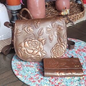 Anuschka Hand-Painted Brown Embossed Floral Crossbody Bag with Wallet